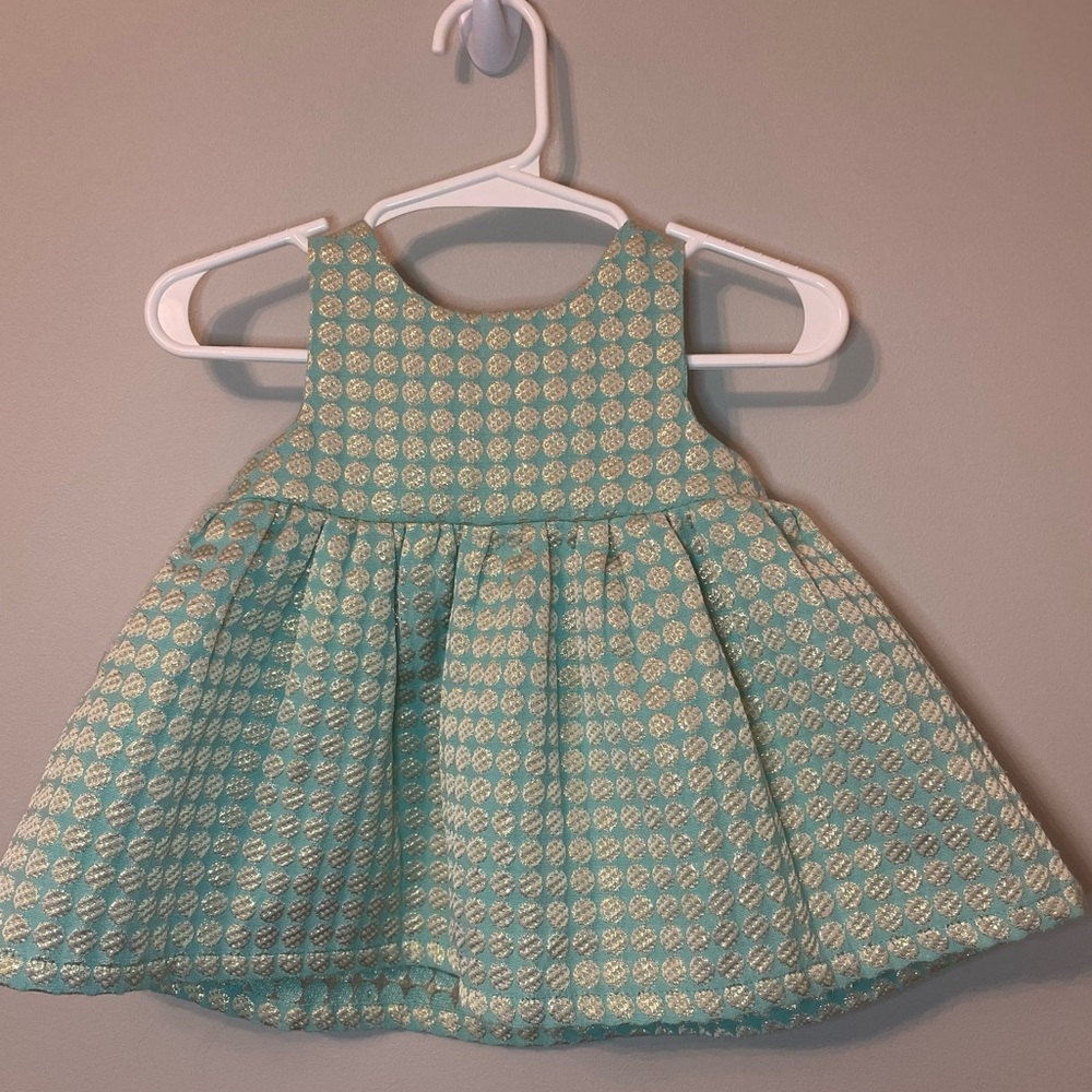 Cat & Jack Teal and Gold Baby Dress with White Sweater